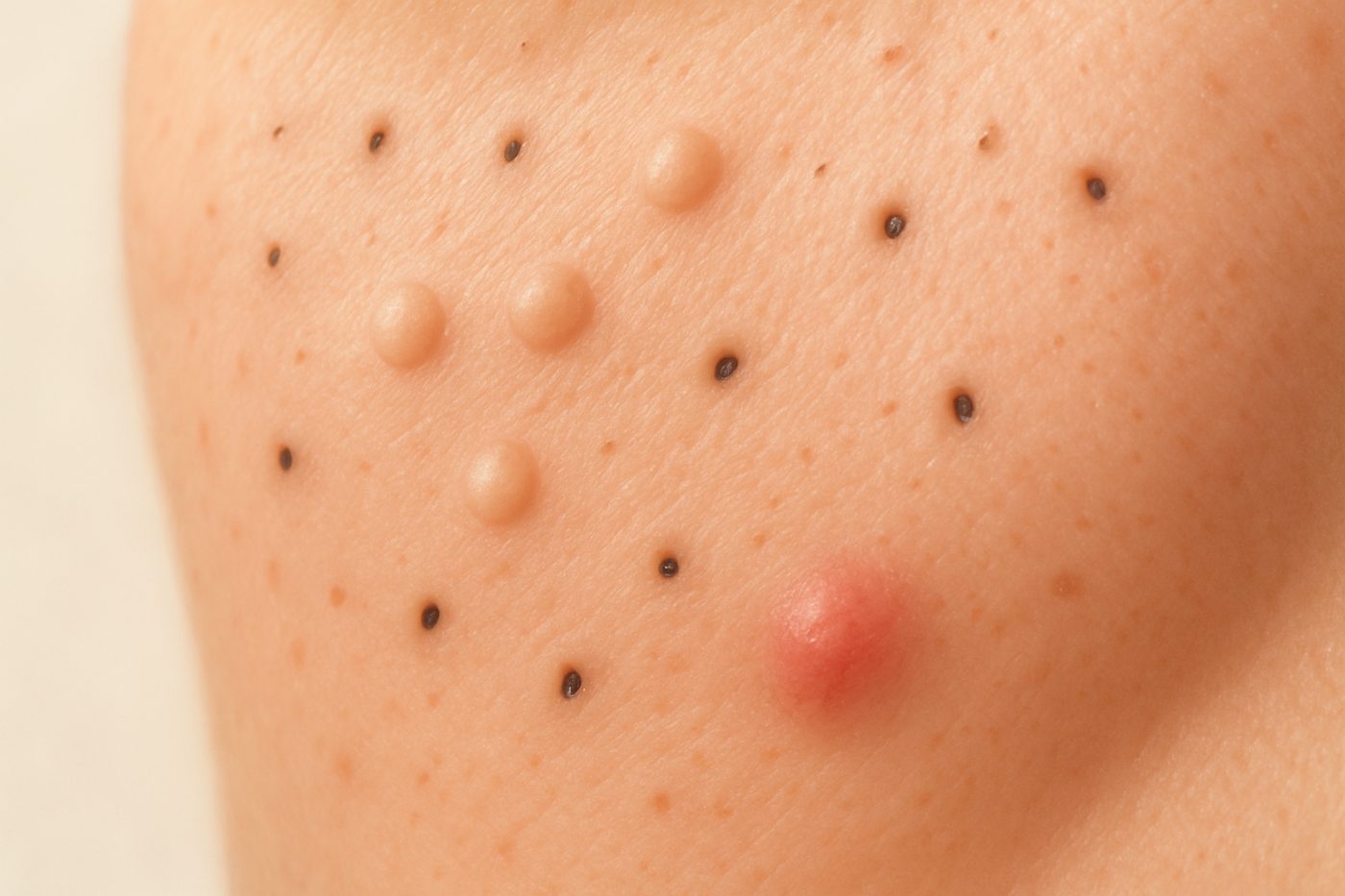 Illustration of comedonal acne: blackheads, whiteheads and an inflamed spot