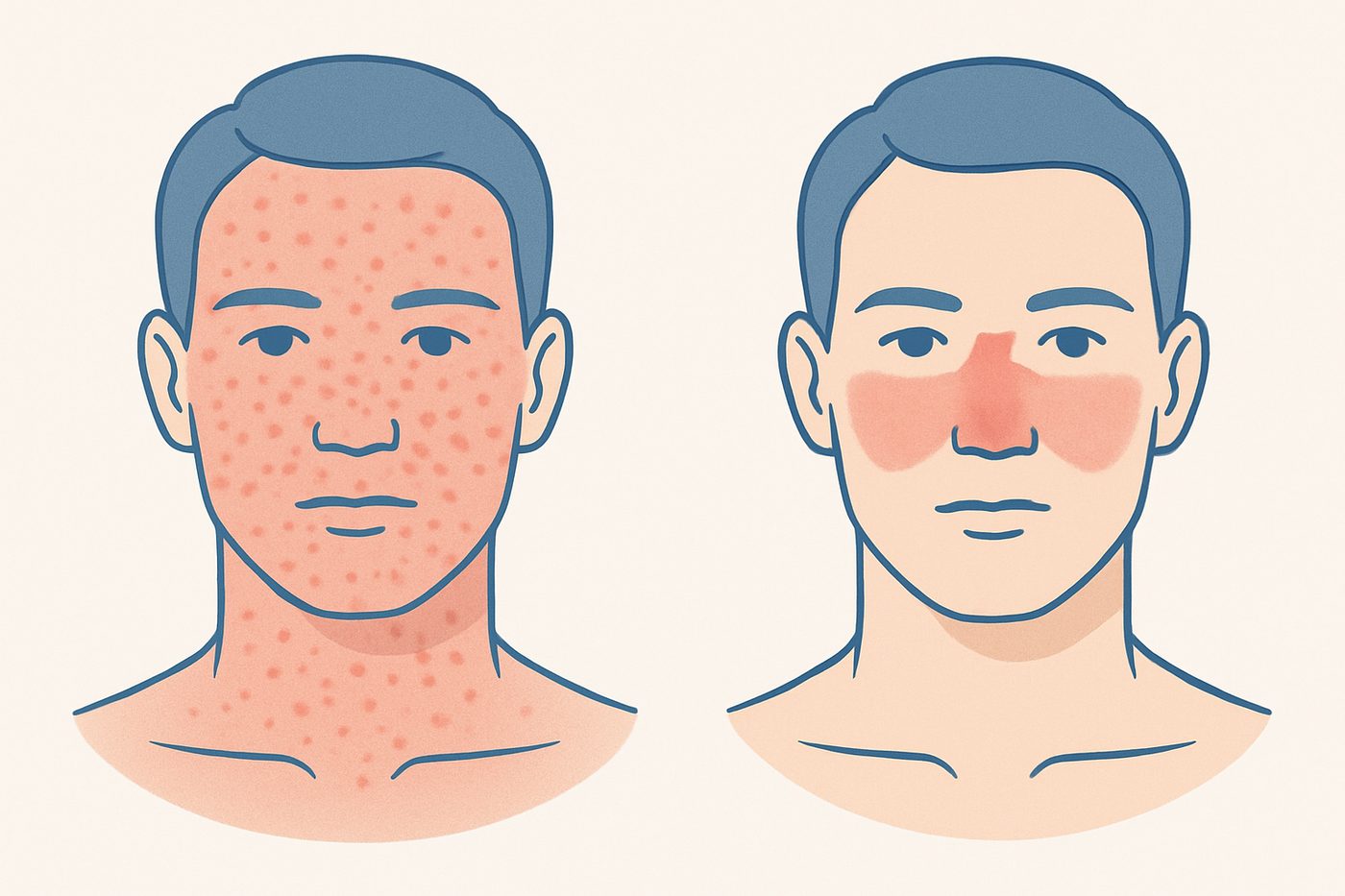 Distribution diagram: acne can affect the whole face and body, rosacea affects the centre of the face