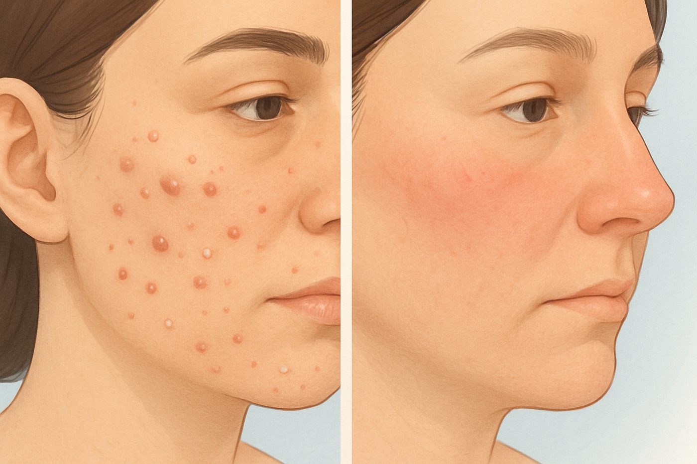 Illustration comparing acne, with inflamed spots across the cheek, to rosacea, with persistent redness over the centre of the face