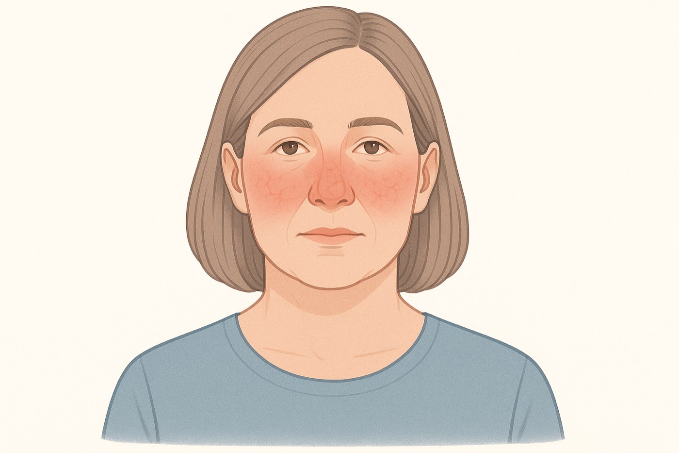 Illustration of rosacea flushing: a woman with pronounced redness and fine visible blood vessels across her cheeks and nose