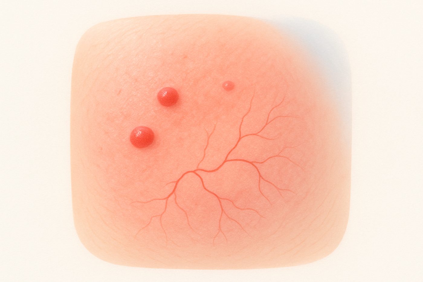 Illustration of rosacea-affected skin: diffuse redness, fine visible blood vessels and small bumps, with no blackheads